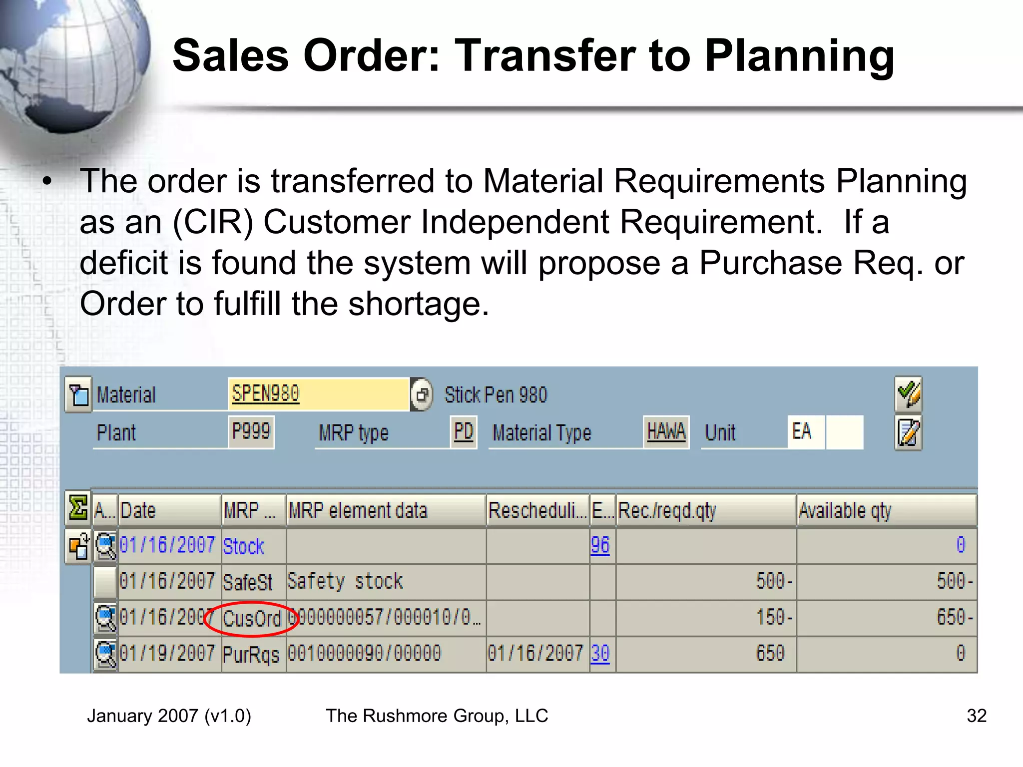January 2007 (v1.0) The Rushmore Group, LLC 32
Sales Order: Transfer to Planning
• The order is transferred to Material Requirements Planning
as an (CIR) Customer Independent Requirement. If a
deficit is found the system will propose a Purchase Req. or
Order to fulfill the shortage.
 