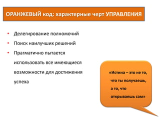 «Истина – это не то,
что ты получаешь,
а то, что
открываешь сам»
• Делегирование полномочий
• Поиск наилучших решений
• Прагматично пытается
использовать все имеющиеся
возможности для достижения
успеха
ОРАНЖЕВЫЙ код: характерные черт УПРАВЛЕНИЯ
 