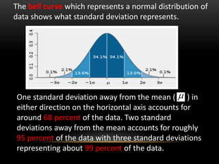 The bell curve which represents a normal distribution of
data shows what standard deviation represents.
One standard deviation away from the mean ( ) in
either direction on the horizontal axis accounts for
around 68 percent of the data. Two standard
deviations away from the mean accounts for roughly
95 percent of the data with three standard deviations
representing about 99 percent of the data.

 