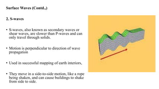 Surface Waves (Contd.,)
2. S-waves
• S-waves, also known as secondary waves or
shear waves, are slower than P-waves and can
only travel through solids.
• Motion is perpendicular to direction of wave
propagation
• Used in successful mapping of earth interiors,
• They move in a side-to-side motion, like a rope
being shaken, and can cause buildings to shake
from side to side.
 