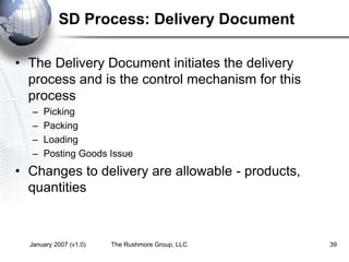 January 2007 (v1.0) The Rushmore Group, LLC 39
SD Process: Delivery Document
• The Delivery Document initiates the delivery
process and is the control mechanism for this
process
– Picking
– Packing
– Loading
– Posting Goods Issue
• Changes to delivery are allowable - products,
quantities
 