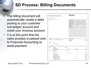 January 2007 (v1.0) The Rushmore Group, LLC 44
SD Process: Billing Documents
• The billing document will
automatically create a debit
posting to your customer
sub-ledger account and
credit your revenue account.
• It is at this point that the
sales process is passed over
to Financial Accounting to
await payment.
 
