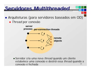 17
Servidores
Servidores Multithreaded
Multithreaded
l Arquiteturas (para servidores baseados em OD)
l Thread por conexão
l Servidor cria uma nova thread quando um cliente
estabelece uma conexão e destrói essa thread quando a
conexão é fechada
remote
per-connection threads
objects
server
process
 