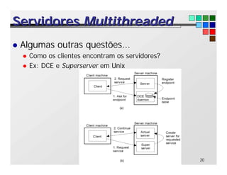 20
Servidores
Servidores Multithreaded
Multithreaded
l Algumas outras questões...
l Como os clientes encontram os servidores?
l Ex: DCE e Superserver em Unix
 
