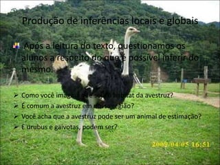 Produção de inferências locais e globais
Após a leitura do texto, questionamos os
alunos a respeito do que é possível inferir do
mesmo.
 Como você imagina que seja o habitat da avestruz?
 É comum a avestruz em nossa região?
 Você acha que a avestruz pode ser um animal de estimação?
 E urubus e gaivotas, podem ser?
 