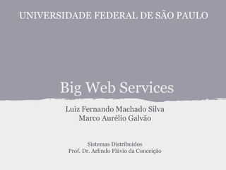 Big Web Services
Luiz Fernando Machado Silva
Marco Aurélio Galvão
Sistemas Distríbuidos
Prof. Dr. Arlindo Flávio da Conceição
UNIVERSIDADE FEDERAL DE SÃO PAULO
 