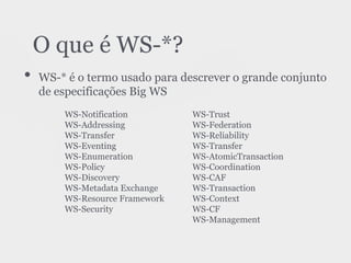 • WS-* é o termo usado para descrever o grande conjunto
de especificações Big WS
O que é WS-*?
WS-Notification
WS-Addressing
WS-Transfer
WS-Eventing
WS-Enumeration
WS-Policy
WS-Discovery
WS-Metadata Exchange
WS-Resource Framework
WS-Security
WS-Trust
WS-Federation
WS-Reliability
WS-Transfer
WS-AtomicTransaction
WS-Coordination
WS-CAF
WS-Transaction
WS-Context
WS-CF
WS-Management
 
