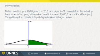 Penyelesaian
Dalam soal ini, μ = 400,0 jam, σ = 20,0 jam. Apabila X menyatakan lama hidup
baterai tersebut, yang ditanyakan soal ini adalah P[400,0 jam < X < 434,4 jam].
Yang ditanyakan tersebut dapat digambarkan sebagai berikut:
 