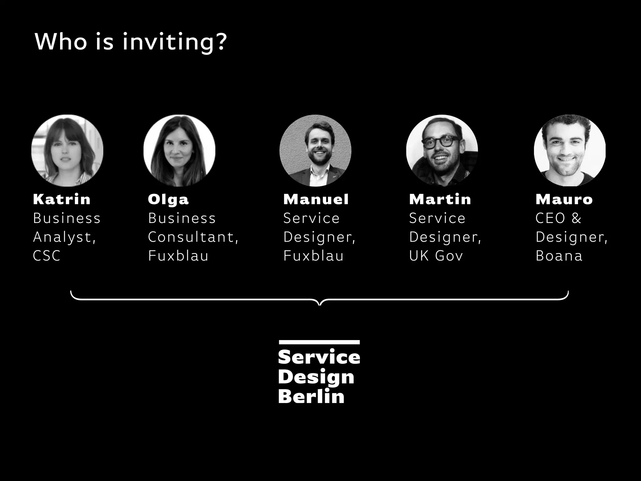 Katrin
Business
Analyst, 
CSC
Who is inviting?
Olga
Business
Consultant,
Fuxblau
Mauro
CEO &
Designer,
Boana
Martin
Service
Designer,
UK Gov
Manuel
Service
Designer,
Fuxblau
 