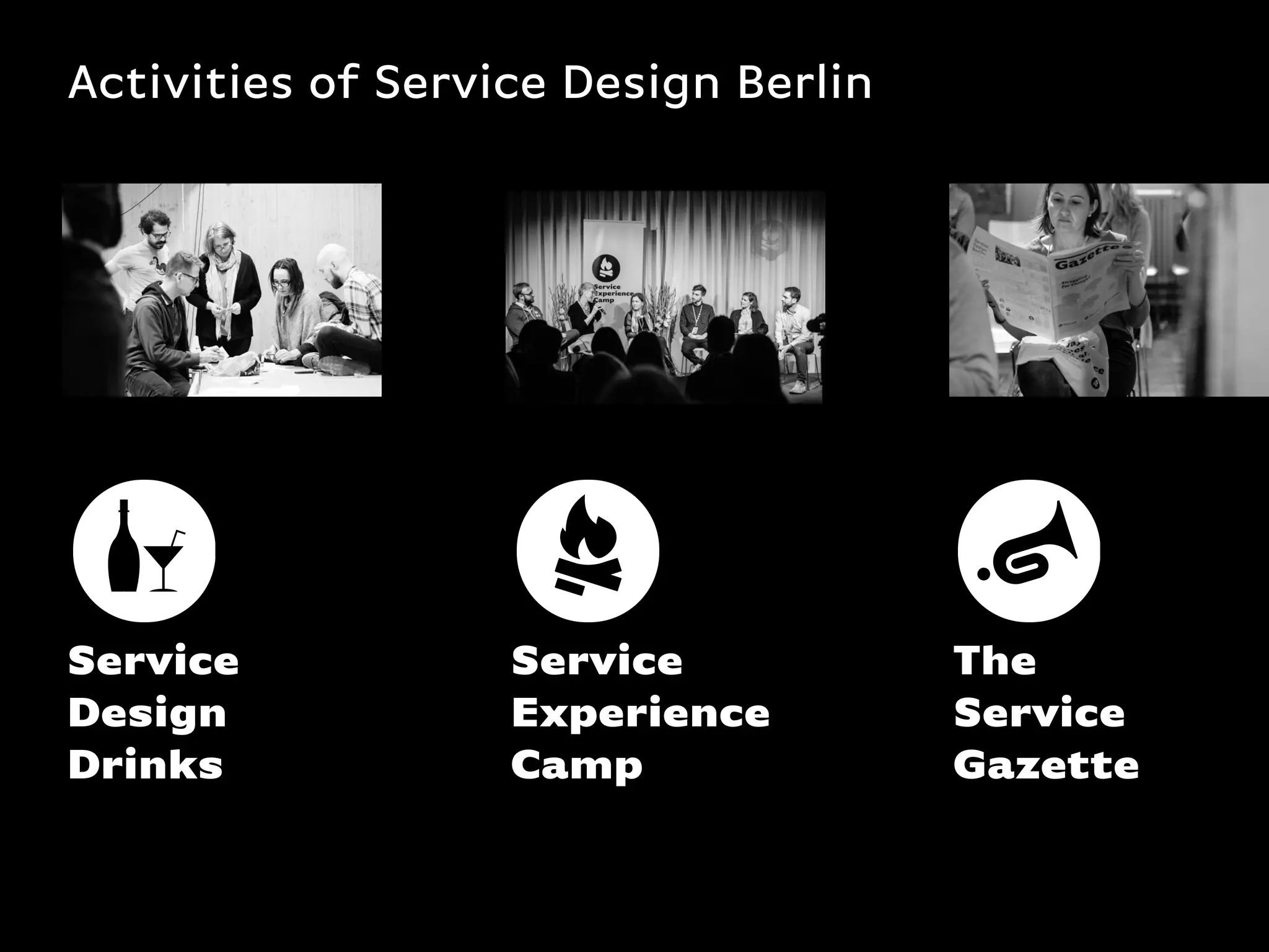 Activities of Service Design Berlin
Service
Design
Drinks
Service
Experience
Camp
The
Service
Gazette
 