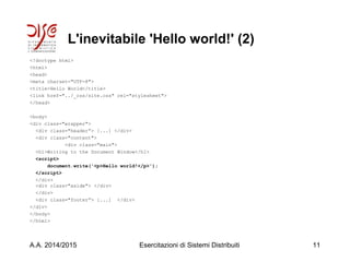 L'inevitabile 'Hello world!' (2)
<!doctype html>
<html>
<head>
<meta charset="UTF-8">
<title>Hello World</title>
<link href="../_css/site.css" rel="stylesheet">
</head>
<body>
<div class="wrapper">
<div class="header”> [...] </div>
<div class="content">
<div class="main">
<h1>Writing to the Document Window</h1>
<script>
document.write('<p>Hello world!</p>');
</script>
</div>
<div class="aside"> </div>
</div>
<div class="footer”> [...] </div>
</div>
</body>
</html>
A.A. 2014/2015 Esercitazioni di Sistemi Distribuiti 11
 