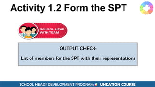 SCHOOL HEADS DEVELOPMENT PROGRAM: F UNDATION COURSE
Activity 1.2 Form the SPT
OUTPUT CHECK:
List of members for the SPT with their representations
 