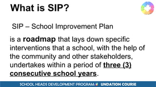 SCHOOL HEADS DEVELOPMENT PROGRAM: F UNDATION COURSE
What is SIP?
SIP – School Improvement Plan
is a roadmap that lays down specific
interventions that a school, with the help of
the community and other stakeholders,
undertakes within a period of three (3)
consecutive school years.
 