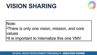 SCHOOL HEADS DEVELOPMENT PROGRAM: F UNDATION COURSE
VISION SHARING
Note:
•There is only one vision, mission, and core
values
•It is important to internalize this one VMV
 