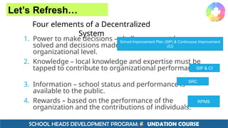 SCHOOL HEADS DEVELOPMENT PROGRAM: F UNDATION COURSE
Four elements of a Decentralized
System
1. Power to make decisions – challenges must be
solved and decisions made at the lowest
organizational level.
2. Knowledge – local knowledge and expertise must be
tapped to contribute to organizational performance.
3. Information – school status and performance is
available to the public.
4. Rewards – based on the performance of the
organization and the contributions of individuals.
School Improvement Plan (SIP) & Continuous Improvement
(CI)
SIP & CI
SRC
RPMS
Let’s Refresh…
 