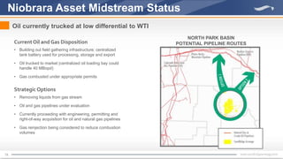 18
Niobrara Asset Midstream Status
Oil currently trucked at low differential to WTI
NORTH PARK BASIN
POTENTIAL PIPELINE ROUTESCurrentOil and Gas Disposition
• Building out field gathering infrastructure; centralized
tank battery used for processing, storage and export
• Oil trucked to market (centralized oil loading bay could
handle 40 MBopd)
• Gas combusted under appropriate permits
Strategic Options
• Removing liquids from gas stream
• Oil and gas pipelines under evaluation
• Currently proceeding with engineering, permitting and
right-of-way acquisition for oil and natural gas pipelines
• Gas reinjection being considered to reduce combustion
volumes
 
