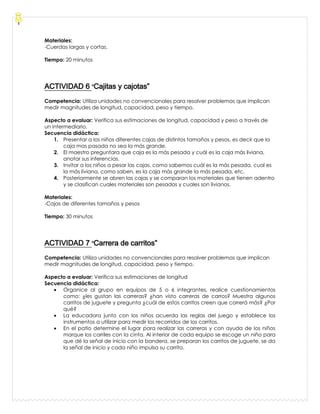 Materiales:
-Cuerdas largas y cortas.
Tiempo: 20 minutos
ACTIVIDAD 6 “Cajitas y cajotas”
Competencia: Utiliza unidades no convencionales para resolver problemas que implican
medir magnitudes de longitud, capacidad, peso y tiempo.
Aspecto a evaluar: Verifica sus estimaciones de longitud, capacidad y peso a través de
un intermediario.
Secuencia didáctica:
1. Presentar a los niños diferentes cajas de distintos tamaños y pesos, es decir que la
caja mas pasada no sea la más grande.
2. El maestro preguntara que caja es la más pesada y cuál es la caja más liviana,
anotar sus inferencias.
3. Invitar a los niños a pesar las cajas, como sabemos cuál es la más pesada, cual es
la más liviana, como saben, es la caja más grande la más pesada, etc.
4. Posteriormente se abren las cajas y se comparan los materiales que tienen adentro
y se clasifican cuales materiales son pesados y cuales son livianos.
Materiales:
-Cajas de diferentes tamaños y pesos
Tiempo: 30 minutos
ACTIVIDAD 7 “Carrera de carritos”
Competencia: Utiliza unidades no convencionales para resolver problemas que implican
medir magnitudes de longitud, capacidad, peso y tiempo.
Aspecto a evaluar: Verifica sus estimaciones de longitud
Secuencia didáctica:
Organice al grupo en equipos de 5 o 6 integrantes, realice cuestionamientos
como: ¿les gustan las carreras? ¿han visto carreras de carros? Muestra algunos
carritos de juguete y pregunta ¿cuál de estos carritos creen que correrá más? ¿Por
qué?
La educadora junto con los niños acuerda las reglas del juego y establece los
instrumentos a utilizar para medir los recorridos de los carritos.
En el patio determine el lugar para realizar las carreras y con ayuda de los niños
marque los carriles con la cinta. Al interior de cada equipo se escoge un niño para
que dé la señal de inicio con la bandera, se preparan los carritos de juguete, se da
la señal de inicio y cada niño impulsa su carrito.
 