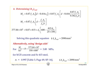 Dept. of CE, GCE Kannur Dr.RajeshKN
18
4. Determining (Ast)reqd
Alternatively, using ‘design aids’
For = 3.00 MPa,
for M 25 concrete and Fe 415 steel,
6
2 2
377 84 10
350 600
.uM
R
bd
×
= =
×
[ ]
0.87
0.87 0.416 0.87 0.416
0.362
0.87
y st
u y st u y st
ck
y st
u y st
ck
f A
M f A d x f A d
f b
f A
M f A d
f b
⎡ ⎤
= − = −⎢ ⎥
⎣ ⎦
⎡ ⎤
= −⎢ ⎥
⎣ ⎦
Solving this quadratic equation 2090 2
mm( )st reqdA =
2090 2
mm( )st reqdA =pt = 0.997 [Table 3, Page 49, SP: 16],
6 415
377.84 10 0.87 415 600
25 350
st
st
A
A
⎡ ⎤
× = × × −⎢ ⎥×⎣ ⎦
 