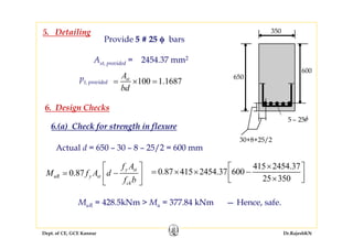 Dept. of CE, GCE Kannur Dr.RajeshKN
5. Detailing
Provide 5 # 25 ϕ bars
Ast, provided = 2454.37 mm2
650
600
350
5 – 25φ
30+8+25/2
6. Design Checks
6.(a) Check for strength in flexure
Actual d = 650 – 30 – 8 – 25/2 = 600 mm
MuR = 428.5kNm > Mu = 377.84 kNm — Hence, safe.
0.87
y st
uR y st
ck
f A
M f A d
f b
⎡ ⎤
= −⎢ ⎥
⎣ ⎦
pt, provided 100 1.1687stA
bd
= × =
415 2454.37
0.87 415 2454.37 600
25 350
×⎡ ⎤
= × × −⎢ ⎥×⎣ ⎦
 
