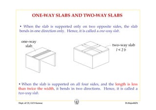 Dept. of CE, GCE Kannur Dr.RajeshKN
ONE-WAY SLABS AND TWO-WAY SLABS
• When the slab is supported only on two opposite sides, the slab
bends in one direction only. Hence, it is called a one-way slab.
• When the slab is supported on all four sides, and the length is less
than twice the width, it bends in two directions. Hence, it is called a
two-way slab.
one–way
slab two–way slab
l < 2 b
 