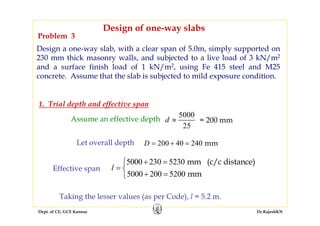 Dept. of CE, GCE Kannur Dr.RajeshKN
Design a one-way slab, with a clear span of 5.0m, simply supported on
230 mm thick masonry walls, and subjected to a live load of 3 kN/m2
and a surface finish load of 1 kN/m2, using Fe 415 steel and M25
concrete. Assume that the slab is subjected to mild exposure condition.
1. Trial depth and effective span
Assume an effective depth
5000
25
d ≈ = 200 mm
Problem 3
Let overall depth 200 40 240 mmD = + =
Effective span
5000 230 5230
5000 200 5200
mm (c/c distance)
mm
l
+ =⎧
= ⎨
+ =⎩
Taking the lesser values (as per Code), l = 5.2 m.
Design of one-way slabs
 
