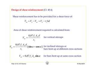 Dept. of CE, GCE Kannur Dr.RajeshKN
Design of shear reinforcement (Cl. 40.4)
us u uc u cV V V V bdτ= − = −
Shear reinforcement has to be provided for a shear force of:
Area of shear reinforcement required is calculated from:
0 87. y sv
us
v
f A d
V
s
= for vertical stirrups
( )
0 87.
sin cosy sv
us
v
f A d
V
s
α α= + for inclined stirrups or
bars bent up at different cross sections
0 87. sinus y svV f A α= for bars bent up at same cross section
 