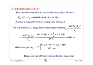 Dept. of CE, GCE Kannur Dr.RajeshKN
169 64 116 34 53 3 Nk. . .us u ucV V V= − = − =
0 87. y sv
us
v
f A d
V
s
=
0 75 0 75 600 450
300 mm
. .
v
d
s
= × =⎧
≤ ⎨
⎩
Hence provide 300 mm spacing (least of the above).
Maximum spacing
To find shear reinforcement)
Shear reinforcement has to be provided for a shear force of:
Find out spacing of 2–legged 8ϕ vertical stirrups from
2
0 87 415 2 8 6000 87 4 409
53 3
mm
..
.
y sv
v
us
f A d
s
V
π
× × × × ×
= = =
Assume 2–legged 8ϕ vertical stirrups are provided.
 