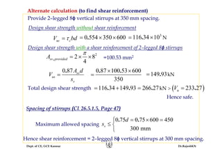 Dept. of CE, GCE Kannur Dr.RajeshKN
Total design shear strength 116 34 149 93. .= +
0 75 0 75 600 450
300 mm
. .
v
d
s
= × =⎧
≤ ⎨
⎩
Spacing of stirrups (Cl. 26.5.1.5, Page 47)
Hence safe.
Hence shear reinforcement = 2–legged 8ϕ vertical stirrups at 300 mm spacing.
Maximum allowed spacing
( )266 27 233 27kN. .uV>= =
Design shear strength without shear reinforcement
uc cV bdτ= 0 554 350 600.= × × 3
116 34 10 N.= ×
Design shear strength with a shear reinforcement of 2–legged 8ϕ stirrups
=100.53 mm2
2
2 8
4
,sv providedA
π
= × ×
0 87. sv
us
v
A d
V
s
=
0 87 100 53 600
350
. .× ×
= 149 93kN.=
Provide 2–legged 8ϕ vertical stirrups at 350 mm spacing.
Alternate calculation (to find shear reinforcement)
 