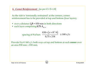 Dept. of CE, GCE Kannur Dr.RajeshKN
6. Corner Reinforcement [as per Cl. D–1.8]
As the slab is ‘torsionally restrained’ at the corners, corner
reinforcement has to be provided at top and bottom (four layers),
• over a distance lx/5 = 830 mm in both directions
• each layer comprising 0.75 Ast, x.
spacing of 8 φ bars
Provide 8 φ @ 160 c/c both ways at top and bottom at each corner over
an area 830 mm × 830 mm.
( )2
830 8 4
0 75 334.
π× ×
×
160 c/c≅
 