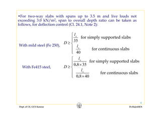 Dept. of CE, GCE Kannur Dr.RajeshKN
4
With mild steel (Fe 250),
0 8 35
0 8 40
for simply supported slabs
for continuous slabs
.
.
x
x
l
D
l
⎧
⎪⎪ ×
≥ ⎨
⎪
⎪ ×⎩
With Fe415 steel,
35
40
for simply supported slabs
for continuous slabs
x
x
l
D
l
⎧
⎪⎪
≥ ⎨
⎪
⎪⎩
•For two-way slabs with spans up to 3.5 m and live loads not
exceeding 3.0 kN/m2, span to overall depth ratio can be taken as
follows, for deflection control (Cl. 24.1, Note 2):
 