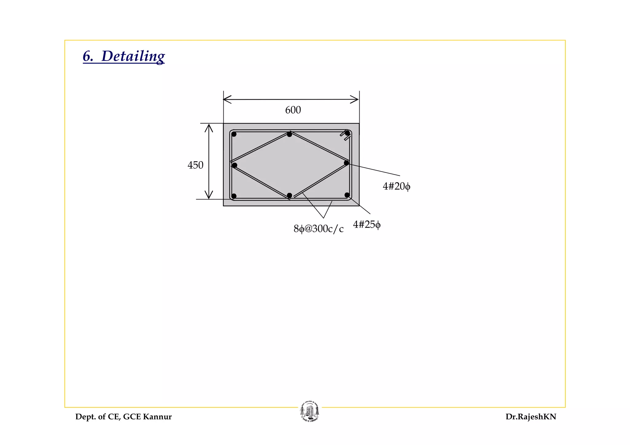 Dept. of CE, GCE Kannur Dr.RajeshKN
600
450
4#20ϕ
4#25ϕ8ϕ@300c/c
6. Detailing
 
