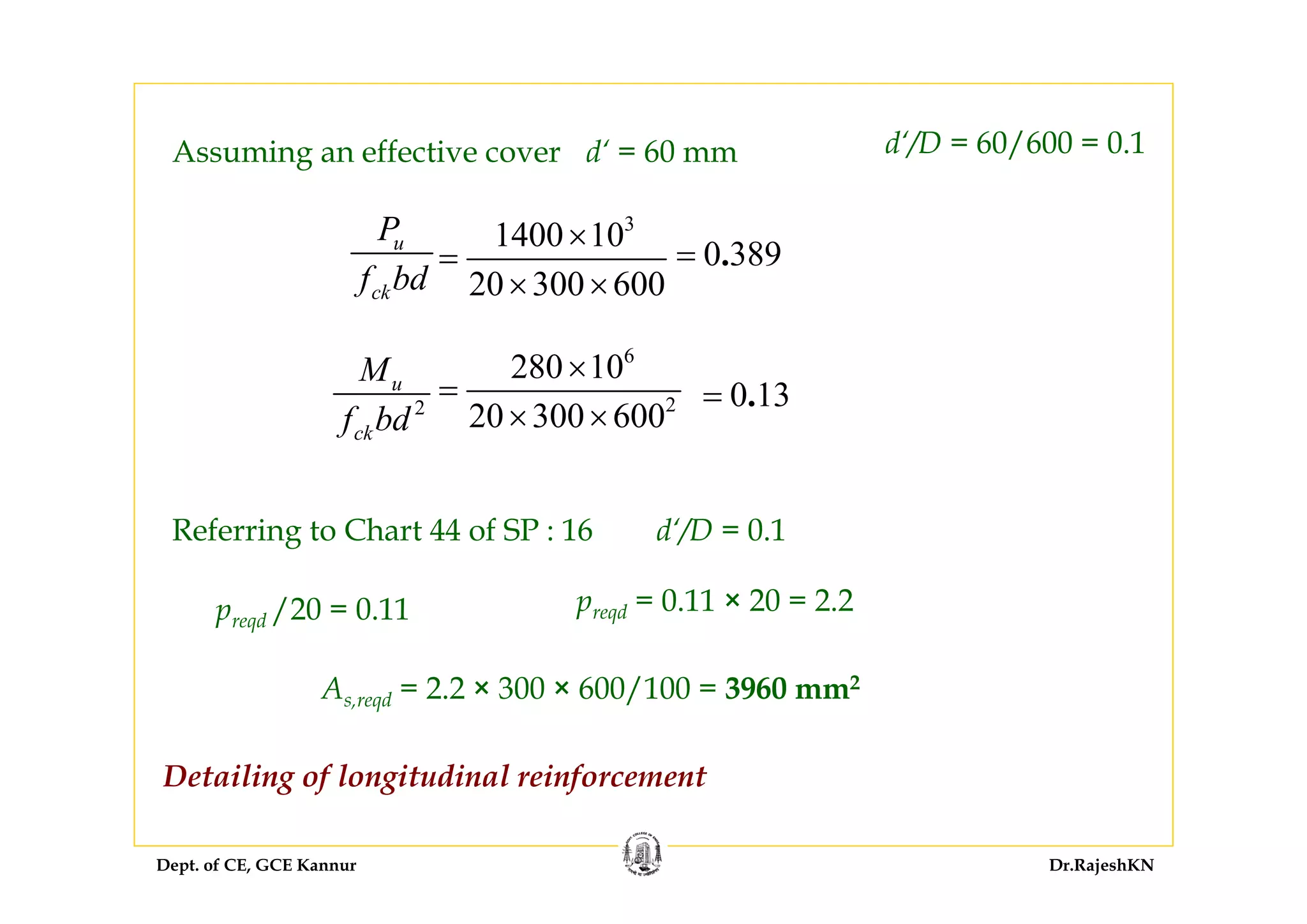 Dept. of CE, GCE Kannur Dr.RajeshKN
Assuming an effective cover d‘ = 60 mm d‘/D = 60/600 = 0.1
u
ck
P
f bd
3
1400 10
20 300 600
×
=
× ×
0 389.=
2
u
ck
M
f bd
6
2
280 10
20 300 600
×
=
× ×
0 13.=
Referring to Chart 44 of SP : 16 d‘/D = 0.1
preqd = 0.11 × 20 = 2.2
As,reqd = 2.2 × 300 × 600/100 = 3960 mm2
Detailing of longitudinal reinforcement
preqd /20 = 0.11
 