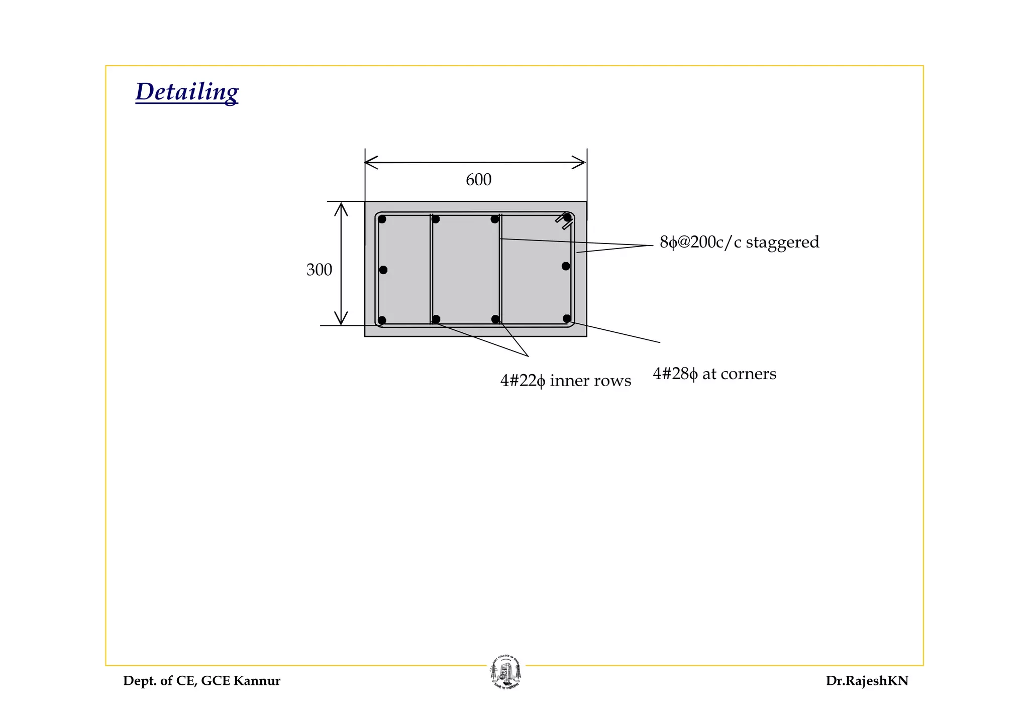 Dept. of CE, GCE Kannur Dr.RajeshKN
Detailing
600
300
4#28ϕ at corners4#22ϕ inner rows
8ϕ@200c/c staggered
 