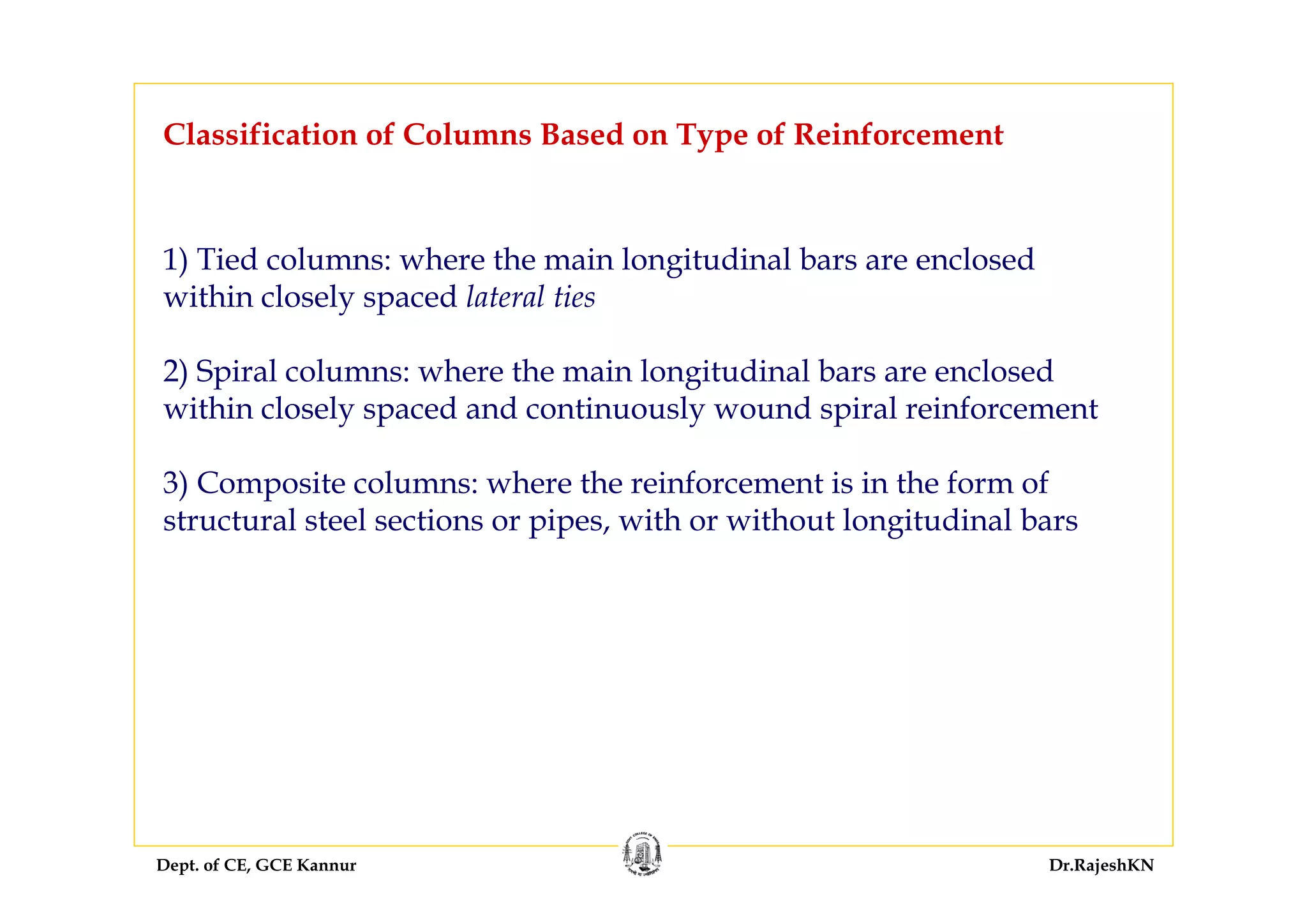 Dept. of CE, GCE Kannur Dr.RajeshKN
1) Tied columns: where the main longitudinal bars are enclosed
within closely spaced lateral ties
2) Spiral columns: where the main longitudinal bars are enclosed
within closely spaced and continuously wound spiral reinforcement
3) Composite columns: where the reinforcement is in the form of
structural steel sections or pipes, with or without longitudinal bars
Classification of Columns Based on Type of Reinforcement
 