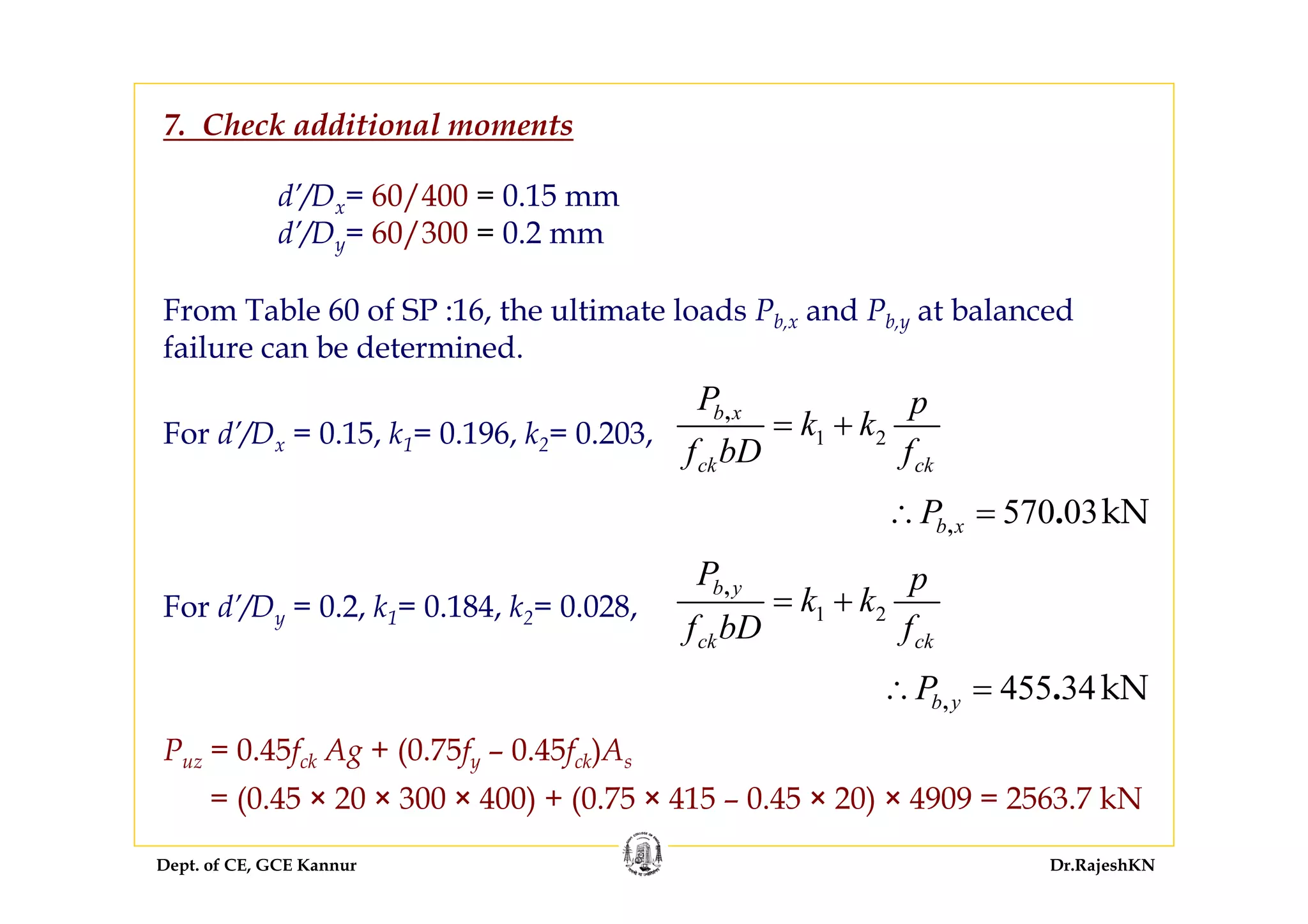 Dept. of CE, GCE Kannur Dr.RajeshKN
d’/Dx= 60/400 = 0.15 mm
d’/Dy= 60/300 = 0.2 mm
From Table 60 of SP :16, the ultimate loads Pb,x and Pb,y at balanced
failure can be determined.
7. Check additional moments
For d’/Dx = 0.15, k1= 0.196, k2= 0.203,
Puz = 0.45fck Ag + (0.75fy – 0.45fck)As
= (0.45 × 20 × 300 × 400) + (0.75 × 415 – 0.45 × 20) × 4909 = 2563.7 kN
1 2
,b x
ck ck
P p
k k
f bD f
= +
570 03kN, .b xP∴ =
For d’/Dy = 0.2, k1= 0.184, k2= 0.028, 1 2
,b y
ck ck
P p
k k
f bD f
= +
455 34kN, .b yP∴ =
 