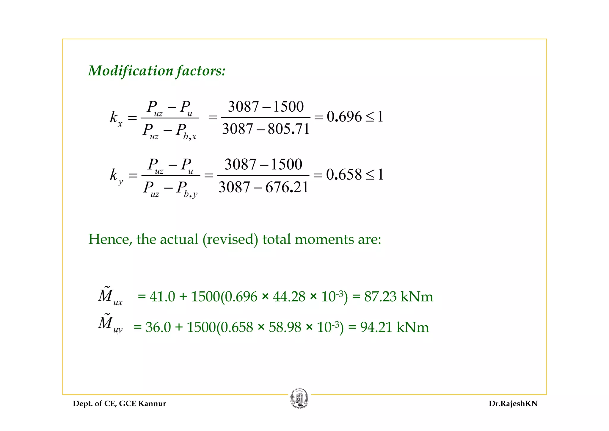 Dept. of CE, GCE Kannur Dr.RajeshKN
Modification factors:
,
uz u
x
uz b x
P P
k
P P
−
=
−
3087 1500
0 696 1
3087 805 71
.
.
−
= = ≤
−
,
uz u
y
uz b y
P P
k
P P
−
=
−
3087 1500
0 658 1
3087 676 21
.
.
−
= = ≤
−
Hence, the actual (revised) total moments are:
= 41.0 + 1500(0.696 × 44.28 × 10-3) = 87.23 kNm
= 36.0 + 1500(0.658 × 58.98 × 10-3) = 94.21 kNm
ux
uy
M
M
 