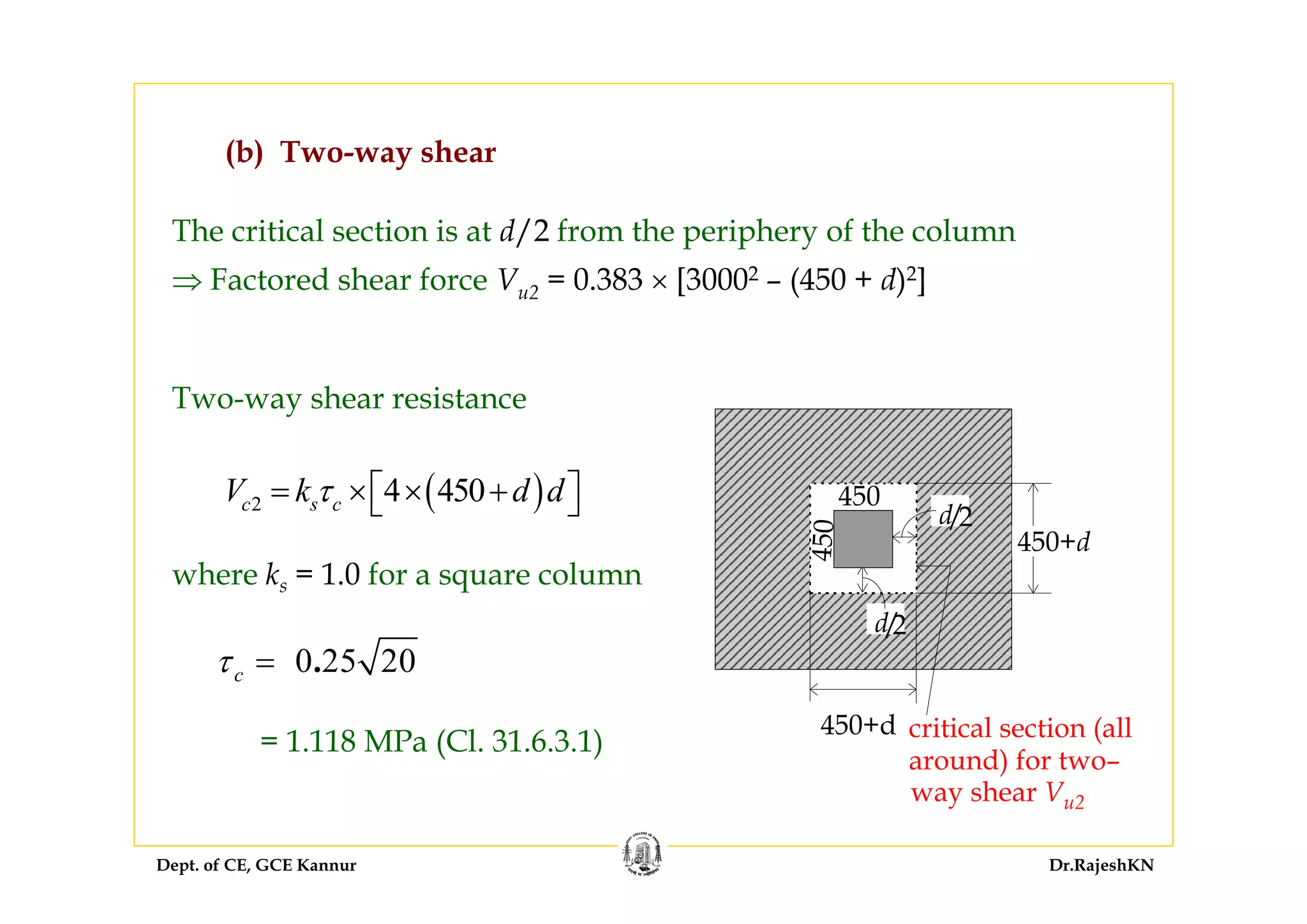 Dept. of CE, GCE Kannur Dr.RajeshKN
(b) Two-way shear
The critical section is at d/2 from the periphery of the column
⇒ Factored shear force Vu2 = 0.383 × [30002 – (450 + d)2]
Two-way shear resistance
( )2 4 450c s cV k d dτ ⎡ ⎤= × × +⎣ ⎦
where ks = 1.0 for a square column
0 25 20.cτ =
= 1.118 MPa (Cl. 31.6.3.1)
450
450
d/2
d/2
critical section (all
around) for two–
way shear Vu2
450+d
450+d
 