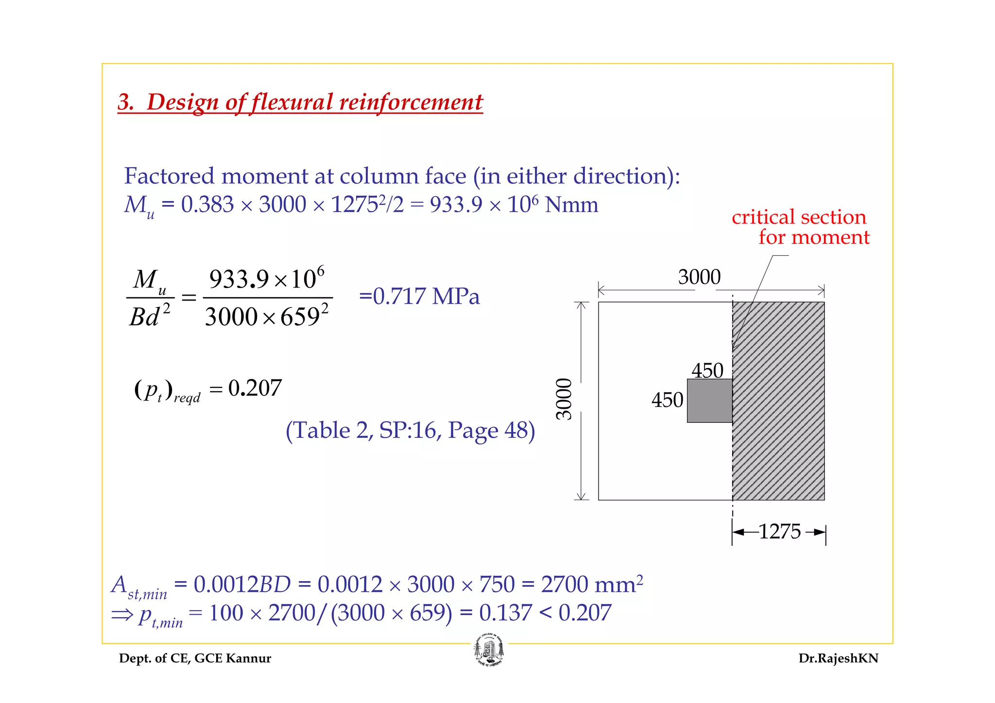 Dept. of CE, GCE Kannur Dr.RajeshKN
3. Design of flexural reinforcement
Factored moment at column face (in either direction):
Mu = 0.383 × 3000 × 12752/2 = 933.9 × 106 Nmm
6
2 2
933 9 10
3000 659
.uM
Bd
×
=
×
=0.717 MPa
0 02 7( ) .t reqdp =
Ast,min = 0.0012BD = 0.0012 × 3000 × 750 = 2700 mm2
⇒ pt,min = 100 × 2700/(3000 × 659) = 0.137 < 0.207
3000
3000
450
450
critical section
for moment
1275
(Table 2, SP:16, Page 48)
 
