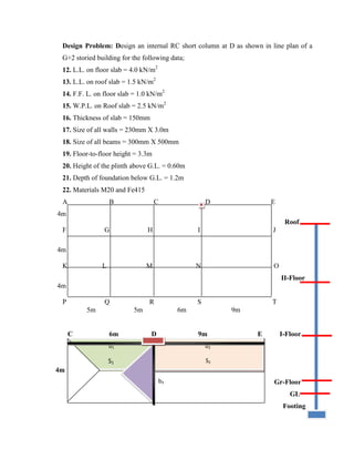 Design Problem: Design an internal RC short column at D as shown in line plan of a
G+2 storied building for the following data;
12. L.L. on floor slab = 4.0 kN/m2
13. L.L. on roof slab = 1.5 kN/m2
14. F.F. L. on floor slab = 1.0 kN/m2
15. W.P.L. on Roof slab = 2.5 kN/m2
16. Thickness of slab = 150mm
17. Size of all walls = 230mm X 3.0m
18. Size of all beams = 300mm X 500mm
19. Floor-to-floor height = 3.3m
20. Height of the plinth above G.L. = 0.60m
21. Depth of foundation below G.L. = 1.2m
22. Materials M20 and Fe415
A B C D E
4m
Roof
F G H I J
4m
K L M N O
II-Floor
4m
P Q R S T
5m 5m 6m 9m
C 6m D 9m E I-Floor
4m
Gr-Floor
GL
Footing
b3
b2
S2
b1
S1
 