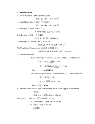 1] Load calculation
a) Load of Roof slab : i) DL ii) WPL iii) WL
3.75 + 2.5 +1.5 = 7.75 kN/m2
b) Load of Floor slab : i) DL ii) FFL iii) WL
3.75 + 1.0 +4.0 = 8.75 kN/m2
c) Self weight of Beam : b X D X 25
0.300 X 0.500 X 25 = 3.75 kN/m
d) Self weight of Wall : t X H X 20
0.230 X 3.0 X 20 = 13.80kN/m
e) Self weight of Column : b X D X L X 25
0.300 X 0.500 X 3.3 X 25 = 9.90 kN
f) Self weight of Column below plinth: b X D X L X 25
0.300 X 0.500 X (0.6 +1.2) X 25 = 5.40 kN
2] Load on floor beams
(b1) = Self weight of beam + Load from slab (S1)+ Load from wall
= Wb + 𝑊
𝑠. 𝑙𝑒𝑥 (
𝛽
(2.𝛽+1)
) + Ww
3.75 + 8.75X4 𝑋(
1.5
2𝑋1.5+1
) + 13.80
Wb1 = 30.675 kNm
(b2) = Self weight of beam + Load from slab (S1) + Load from wall
= Wb + 𝑊
𝑠.
𝑙𝑒𝑥
3
+ Ww
3.75 +
8.75𝑋4
3
+ 0 + 13.80
Wb2 = 29.22 kNm
3] Load on Column = Load from Top column if any + Shear/ support reaction from
Beams
(b1 & b2 ) + (Self weight of column)
(Pc)Top column = (Pc)above + 𝑊𝑏. 𝑙𝑒/2 + (Pc)self
0 + (30.675X5/2) + (29.22X4/2) + 9.90
= 0 + 76.687 + 58.44 + 9.90
145.03 kN
 