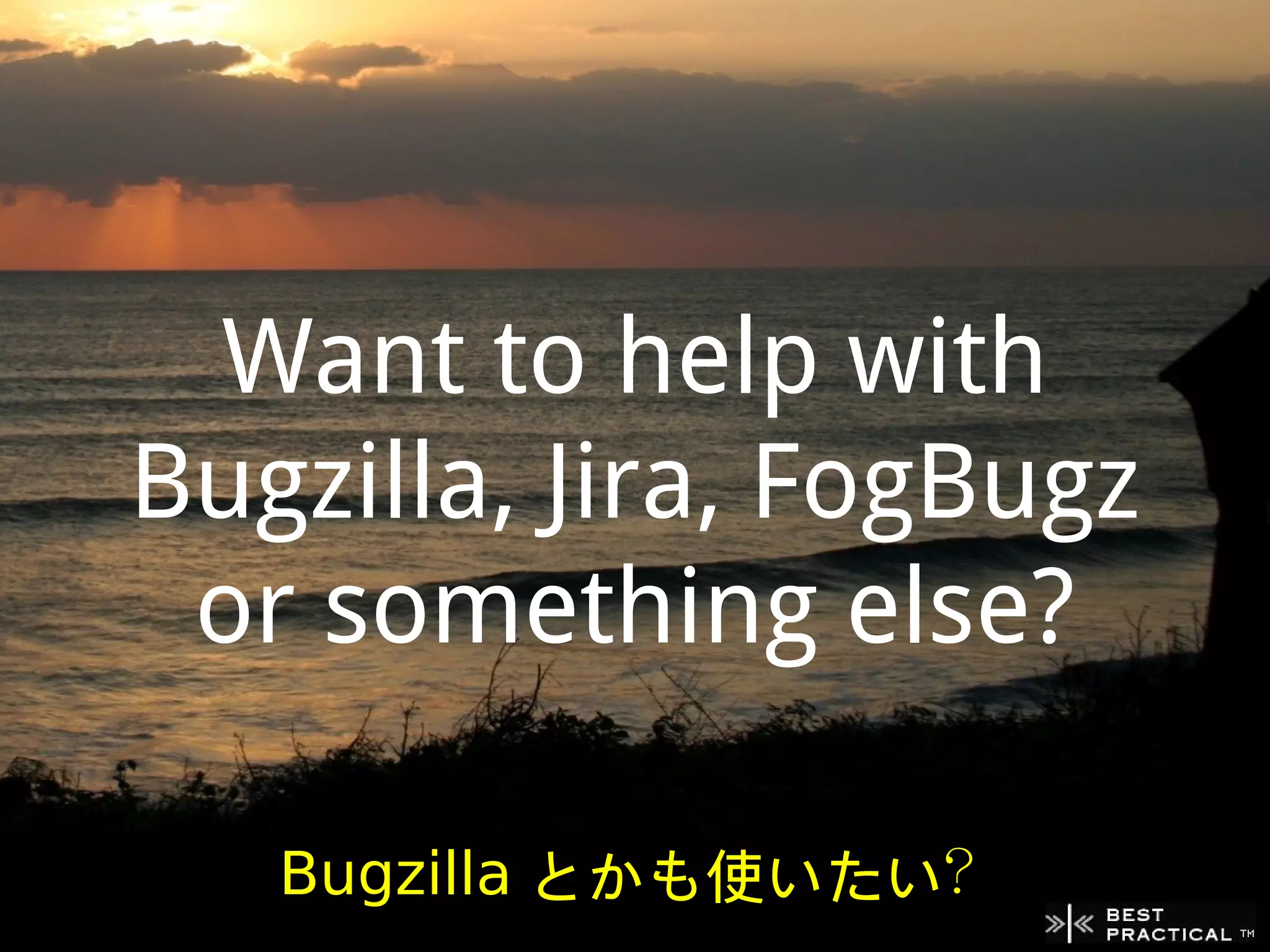 Want to help with
Bugzilla, Jira, FogBugz
 or something else?

   Bugzilla とかも使いたい？
 