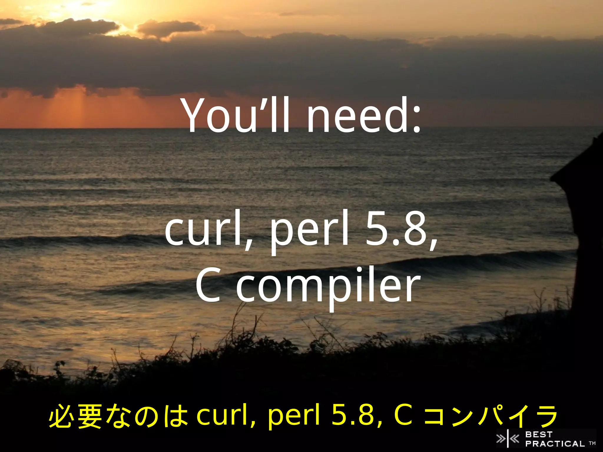 You’ll need:

      curl, perl 5.8,
       C compiler

必要なのは curl, perl 5.8, C コンパイラ
 