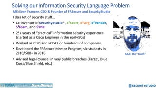 ME: Evan Francen, CEO & Founder of FRSecure and SecurityStudio
I do a lot of security stuff…
• Co-inventor of SecurityStudio®, S²Score, S²Org, S²Vendor,
S²Team, and S²Me
• 25+ years of “practical” information security experience
(started as a Cisco Engineer in the early 90s)
• Worked as CISO and vCISO for hundreds of companies.
• Developed the FRSecure Mentor Program; six students in
2010/500+ in 2018
• Advised legal counsel in very public breaches (Target, Blue
Cross/Blue Shield, etc.)
Solving our Information Security Language Problem
AKA: The “Truth”
 