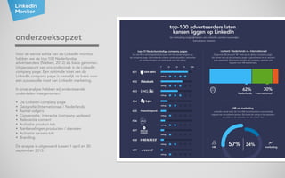 onderzoeksopzet
Voor de eerste editie van de LinkedIn Monitor
hebben we de top-100 Nederlandse
adverteerders (Nielsen, 201...
