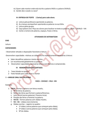 m) Quem sabe mostrar onde está escrito a palavra VACA e a palavra CAVALO;
n) Aonde vão o cavalo e a vaca?

III- ENTREGA DO TEXTO
a)
b)
c)
d)
e)

( Cartaz) para cada aluno.

Leitura pela professora apontando as palavras.
As crianças acompanham apontando as palavras na sua folha.
Leitura pelos grupos.
Caça-palavra oral. Peça aos alunos para localizar no texto as palavras: VACA – CAVALO – VAI
Conte o número de palavras, espaços, frases e letras.
ATIVIDADES DE SISTEMATIZAR

EIXO
Leitura
CAPACIDADES
- Desenvolver atitudes e disposições favoráveis à leitura;
-Desenvolver capacidades relativas ao código escrito especificamente necessárias à leitura:




Saber decodificar palavras e textos escritos;
Ler reconhecendo globalmente as palavras.
Desenvolver capacidades necessárias leitura com fluência e compreensão.
IV- REMONTAGEM DOS CARTAZES

1- Texto fatiado no quadro
2- Texto fatiado para cada aluno e montar
V – ANÁLISE ORAL DAS PALAVRAS
VACA – CAVALO – VILA - VAI
Exemplo:
1- VACA – formar a palavra com letras movéis;
a- Nº de letras da palavra;
b- Nome das letras que formam a palavra/fonemas;
c- Letra inicial (outras palavras) / fonema inicial;
d- Posição das letras e fonemas na palavra;
e- VA-CA – formar palavras com sílabas movéis;
f- VA – CA – sílabas orais (número);
g- Sílabas escritas – registro no quadro:
 1ª sílaba ( outras palavras que começam pela sílaba);
 2ª sílaba ( outras palavras que começam pela sílaba);
 Nº de sílabas.

 