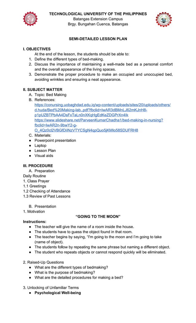 SEMI DETAILED LESSON PLAN FOR BED MAKE UP | DOCX