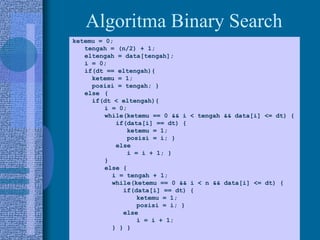 12
Algoritma Binary Search
ketemu = 0;
tengah = (n/2) + 1;
eltengah = data[tengah];
i = 0;
if(dt == eltengah){
ketemu = 1;
posisi = tengah; }
else {
if(dt < eltengah){
i = 0;
while(ketemu == 0 && i < tengah && data[i] <= dt) {
if(data[i] == dt) {
ketemu = 1;
posisi = i; }
else
i = i + 1; }
}
else {
i = tengah + 1;
while(ketemu == 0 && i < n && data[i] <= dt) {
if(data[i] == dt) {
ketemu = 1;
posisi = i; }
else
i = i + 1;
} } }
 