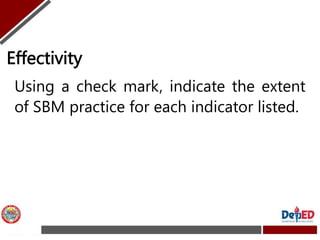Effectivity
Using a check mark, indicate the extent
of SBM practice for each indicator listed.
 