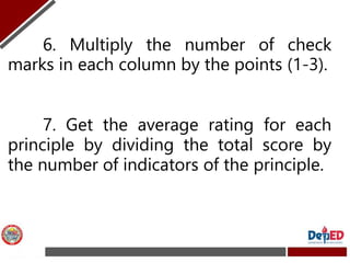 6. Multiply the number of check
marks in each column by the points (1-3).
7. Get the average rating for each
principle by ...