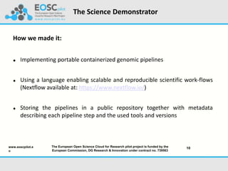 The Science Demonstrator
10www.eoscpilot.e
u
How we made it:
 Implementing portable containerized genomic pipelines
 Usi...